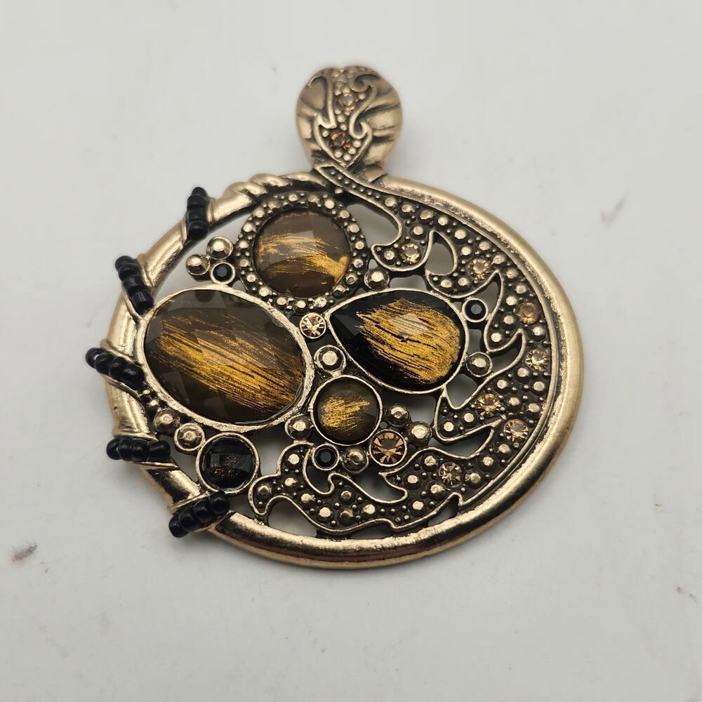 Gold Tone Amber Black‎ Rhinestone Enamel Openwork Boho Pendant Charm